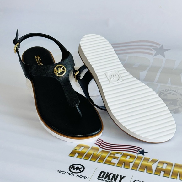 Michael Kors Judy Thong Sandal Black Saffiano Pvc / Gold Accents/With Box